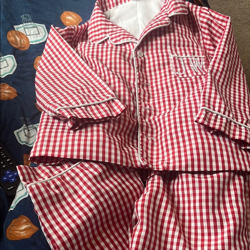 B24 “JW” Embroidered Monogram Red Checkered Kids Pajamas